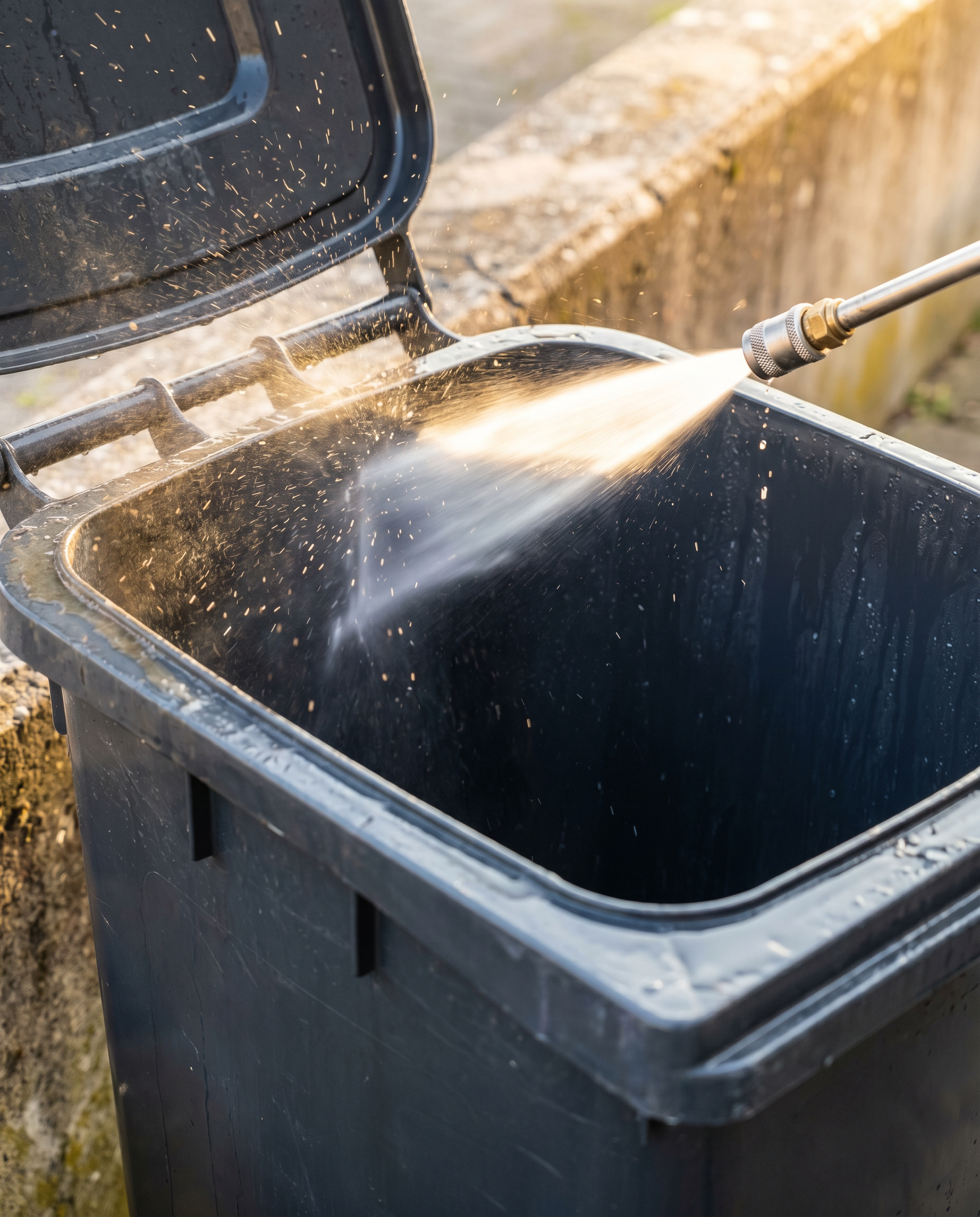 Trash can cleaning service working near residential curbside bins